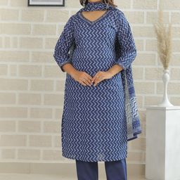 KALINI Chevron Printed V-Neck Pure Cotton A-Line Kurta With Trousers & Dupatta-image-21