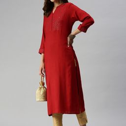 SHOWOFF Women Red Yoke Design Kurta-picture-53