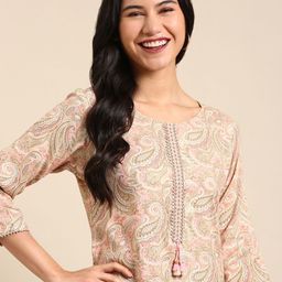 SHOWOFF Women Beige Paisley Kurta-image-74