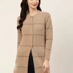 BROOWL Women Beige Striped Wool Cardigan with Embellished Detail-image-19