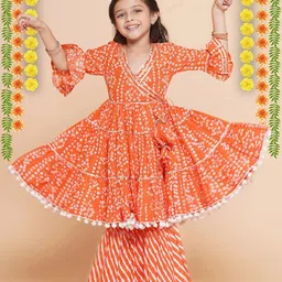 Little Zing Girls Bandhani Printed Angrakha Gotta Patti Pure Cotton Kurta With Sharara-picture-1