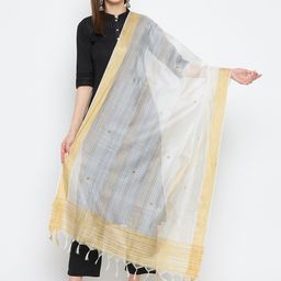 Clora Creation White & Gold-Toned Woven Design Dupatta with Beads and Stones-picture-13