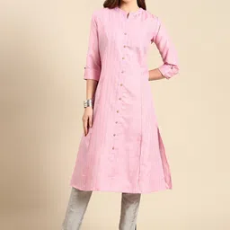 SHOWOFF Striped Mandarin Collar Panelled A-Line Kurta-image-32