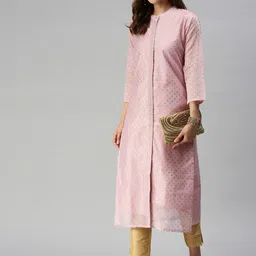SHOWOFF Women Pink Geometric Printed Thread Work Pastels Kurta-image-3