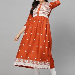 Stylum Rust Ethnic Motifs Embroidered Round Neck Thread Work A-Line Kurta-image-10