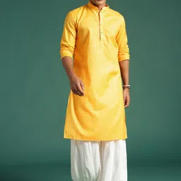 Sangria Yellow Checked Mandarin Collar Cotton Kurta-image-12