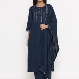 Fabriko Women Navy Blue Yoke Design Empire Sequinned Kurta with Trousers & Dupatta-8