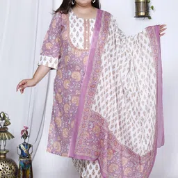 Swasti Plus Size Floral Printed Regular Pure Cotton Kurta With Trousers & Dupatta-10