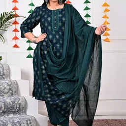 Swasti Plus Size Ethnic Motifs Printed Regular Pure Cotton Kurta With Trousers & Dupatta-picture-32