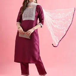 VredeVogel Women Ethnic Motifs Yoke Design Regular Thread Work Kurta with Trousers & With Dupatta-10