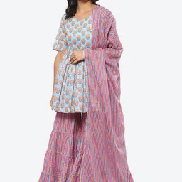 Biba Women Blue Floral Printed Kurta with Sharara & Dupatta Set-picture-51
