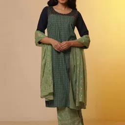 AURELIA Striped Sequinned Round Neck Three-Quarter Sleeves Kurta with Palazzos & Dupatta-0