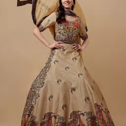 SAPTRANGI Women Embroidered Silk Gown Flared Ethnic Dress With Dupatta-image-34