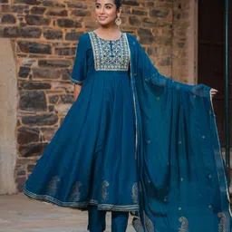 AHIKA Ethnic Motifs Yoke Design Anarkali Kurta & Trousers With Dupatta image 1
