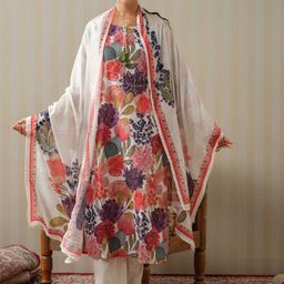 Sangria Printed & Embroidered A-Line Linen Kurta With Trouser & Dupatta-18
