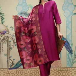 Ishin Notch Neck Silk Crepe Straight A-Line Kurta with Trousers & Dupatta-picture-45