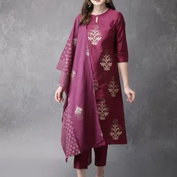 MORLY Women Purple Floral Printed Kurta with Trousers & With Dupatta-picture-49