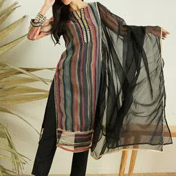 Inddus Striped Regular Kurta with Trousers & With Dupatta-picture-7