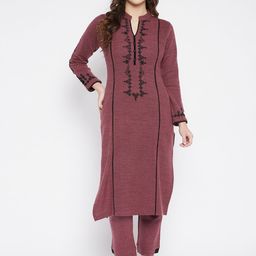 Zigo Women Burgundy Ethnic Motifs Embroidered Winter Kurta with Trousers-picture-12