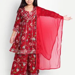 Ka-mee Girls Floral Printed Gotta Patti Pure Cotton Kurta with Sharara & Dupatta-image-33