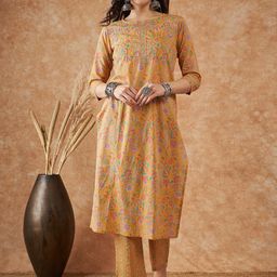 Sangria Mustard Printed & Embroidered Pure Cotton Straight Kurta With Trousers-picture-34