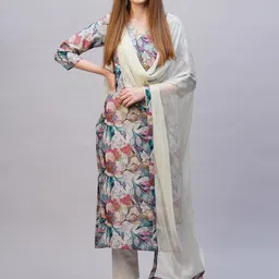 KALINI Floral Printed V-Neck Straight Kurta with Trousers & Dupatta-55