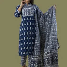 SP DESIGNS Women Blue Floral Printed Pure Cotton Kurta with Trousers & With Dupatta-image-62