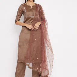 PANIT Women Brown Embroidered Gotta Patti Kurta with Trousers & With Dupatta-picture-55