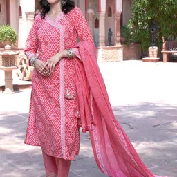 Sangria Pink Bandhani Printed Pure Cotton Angrakha Kurta With Trousers & Dupatta-picture-1