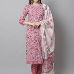 Roly Poly Floral Printed Regular Beads & Stones Pure Cotton Kurta With Trousers & Dupatta-image-58