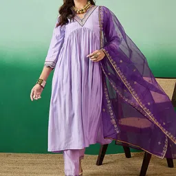Sangria Embroidered V-Neck A Line Kurta With Trousers & Dupatta-picture-55