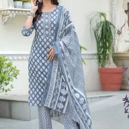 Mishree Collection Women Floral Printed Regular Beads and Stones Pure Cotton Kurta with Trousers & With-picture-52