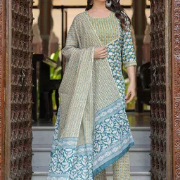 Mishree Collection Women Ethnic Motifs Printed Regular Kantha Work Pure Cotton Kurta with Palazzos & With-28