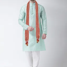 SG LEMAN Men Sea Green Raw Silk Kurta with Churidar & With Dupatta-picture-8