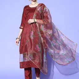 KALINI Sequin Yoke Design Embroidered Silk Chiffon Straight Kurta With Trousers & Dupatta-1