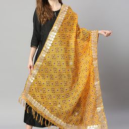 Dupatta Bazaar Yellow & Pink Ikat Printed Dupatta with Gotta Patti-7