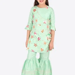 CUTECUMBER Girls Green Floral Embroidered Kurti with Sharara-image-16