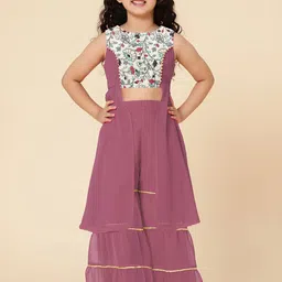 A T U N Girls Mauve Floral Embroidered Top with Sharara-picture-22