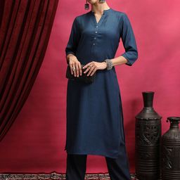 Vishudh Teal Blue Chevron Printed Band Collar Regular Kurta With Trousers-image-74