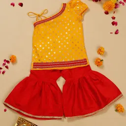 SAKA DESIGNS Infant Girls Ethnic Motifs Printed One Shoulder Kurti with Sharara-image-11