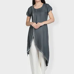 Fabclub Women Grey Embroidered Thread Work Asymmetric Kurta-image-26