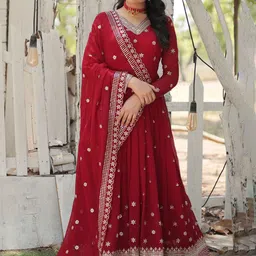 YOYO Fashion Floral Embroidered V-Neck Sequinned Georgette Ethnic Dress & Dupatta-image-7