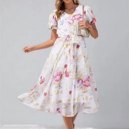 Marie Claire Floral Printed V-Neck Puff Sleeves Belted Georgette Fit & Flare Midi Dress-image-40
