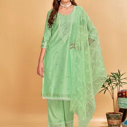 Anouk Regular Sequinned Chanderi Cotton Kurta with Palazzos & Dupatta-0