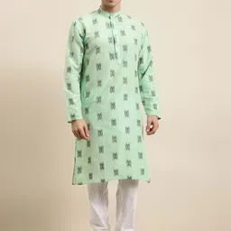 Sojanya Men Green & Black Geometric Ikkat Cotton Kurta-image-23