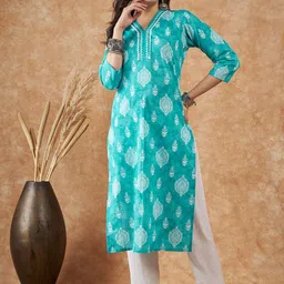 Sangria V-Neck Three-quarter sleeves Ethnic Motif Printed Cotton Kurtas-picture-4