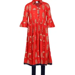 BAESD Girls Ethnic Motifs Printed Shirt Collar Pure Cotton A-Line Kurta With Leggings-picture-35
