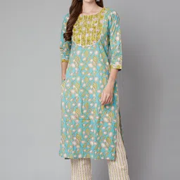 KALINI Floral Printed Gotta Patti Pure Cotton Kurta with Trousers-picture-18