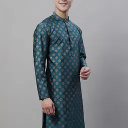Anouk Teal Blue Ethnic Motifs Woven Design Band Collar Jacquard Kurta-50