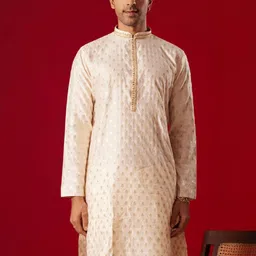VASTRAMAY Ethnic Motifs Woven Design Mandarin Collar Jacquard Kurta-image-89